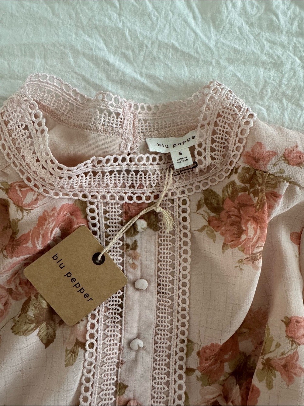Blu Pepper Blush Floral Lace-Trim Long Sleeve Tiered Mini Dress - Picture 6 of 14
